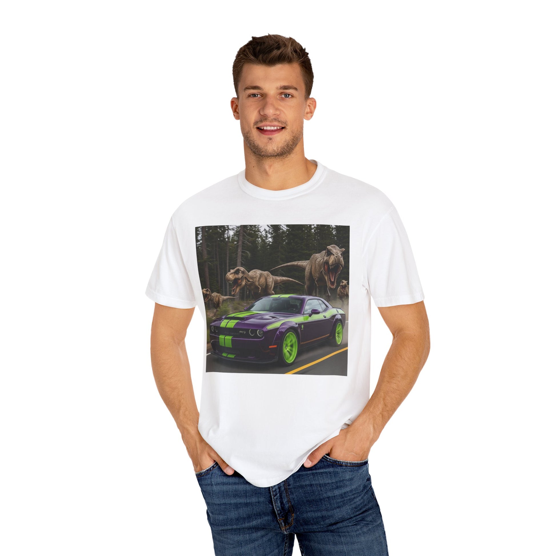Dinosaur Race T-Shirt, Unisex Garment-Dyed Tee for Car Lovers, Dinosaur Lovers Gift, Fun Graphic Tee, Casual Wear, Gift for Him/Her
