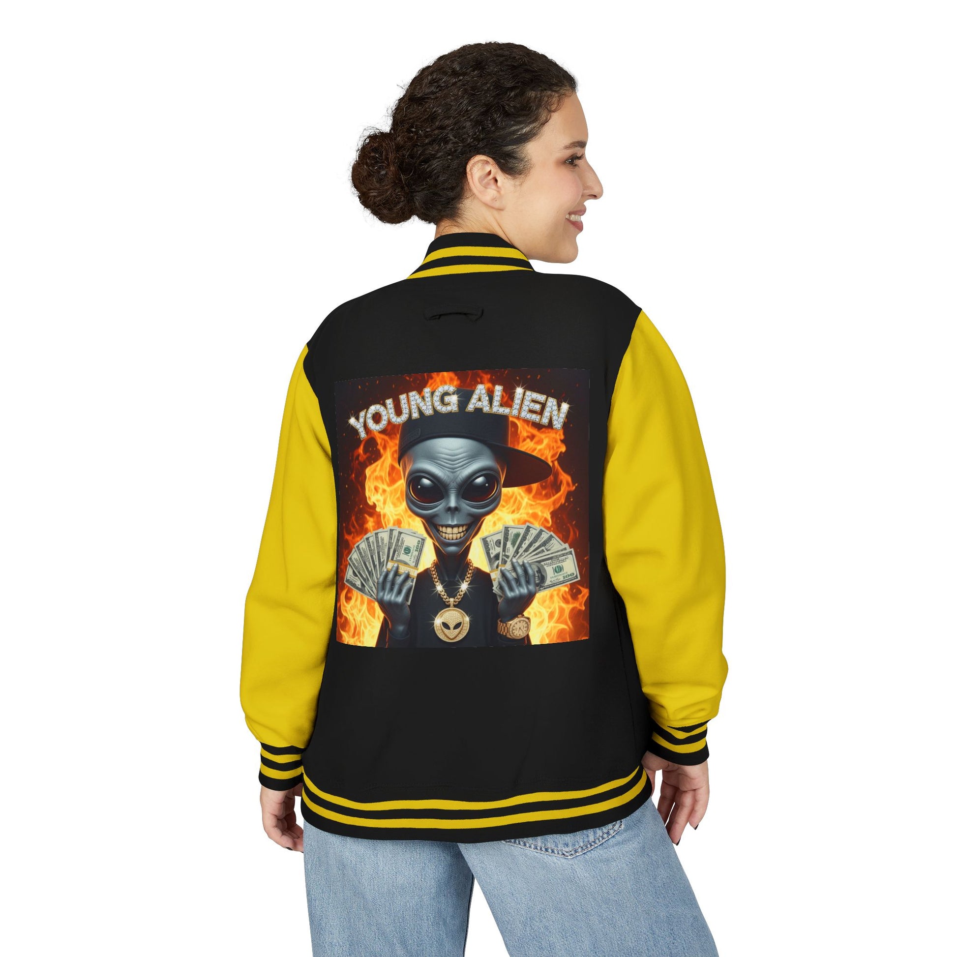 Youthful Alien Vibes Letterman Jacket, Retro Style Unisex Jacket, Trendy Outerwear, Casual Streetwear, Unique Gift for Teenagers