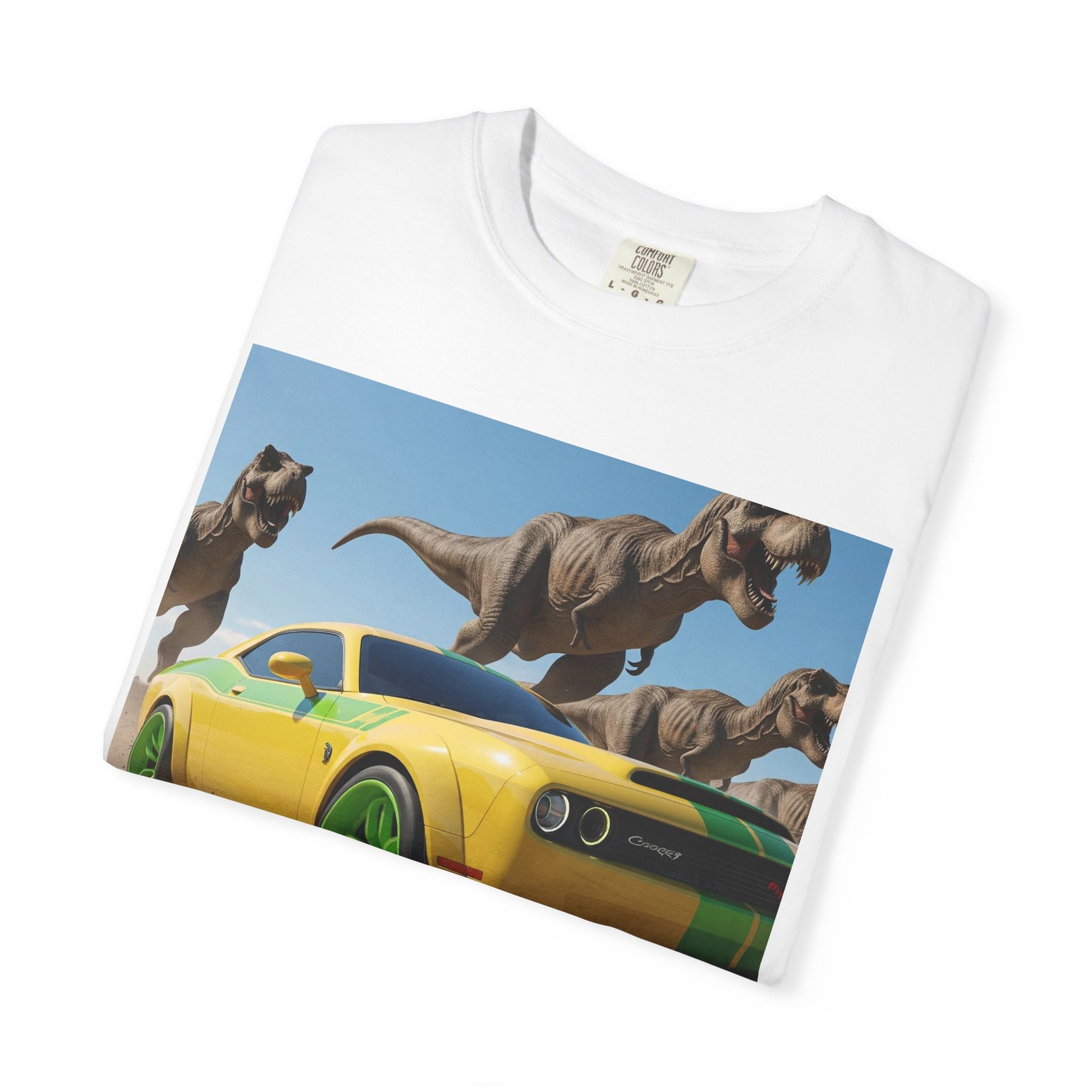 Dinosaur Car Adventure T-Shirt, Fun Graphic Tee, Unisex Casual Shirt, Gift for Car Lovers, Dino Theme Shirt, Summer Wardrobe Essential