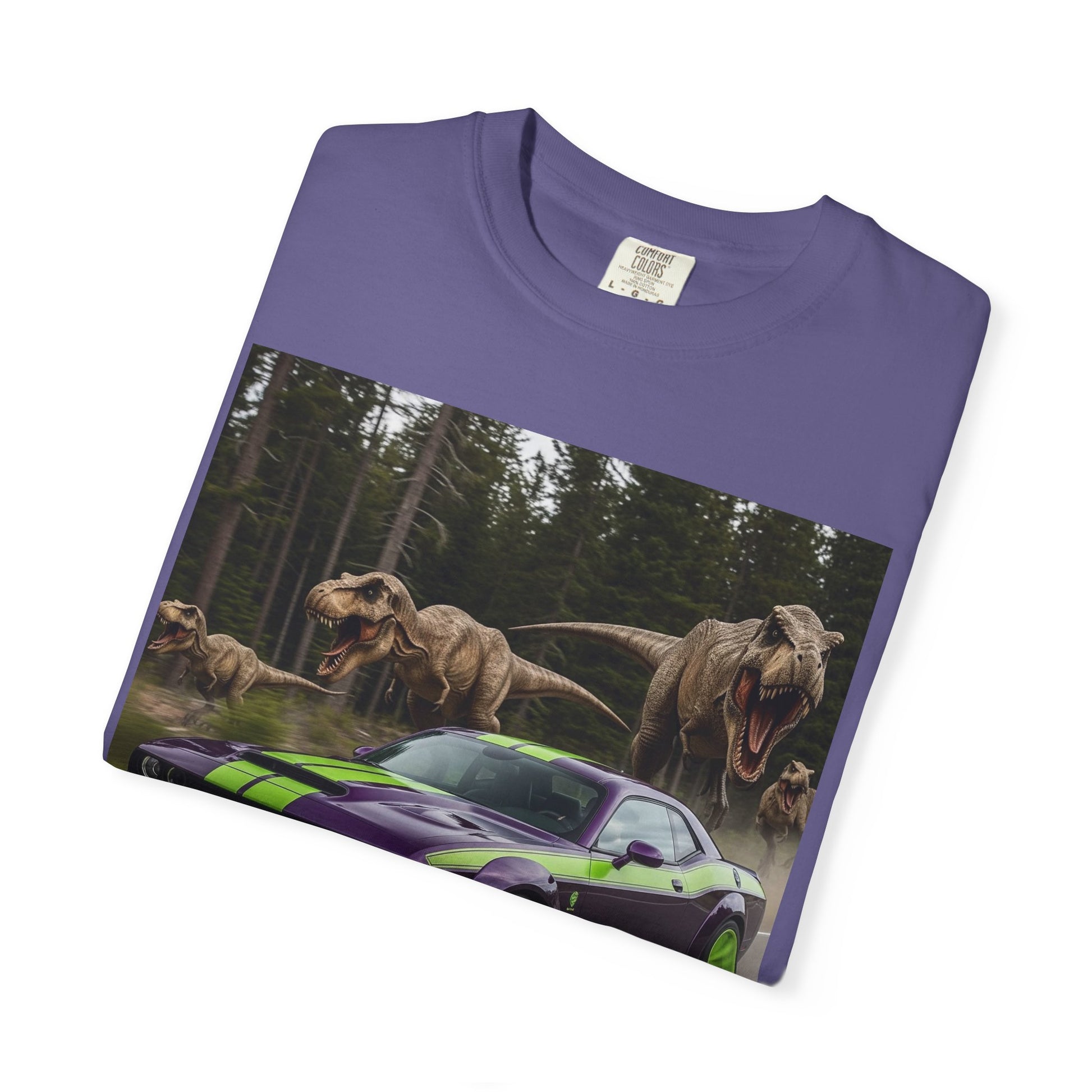 Dinosaur Race T-Shirt, Unisex Garment-Dyed Tee for Car Lovers, Dinosaur Lovers Gift, Fun Graphic Tee, Casual Wear, Gift for Him/Her