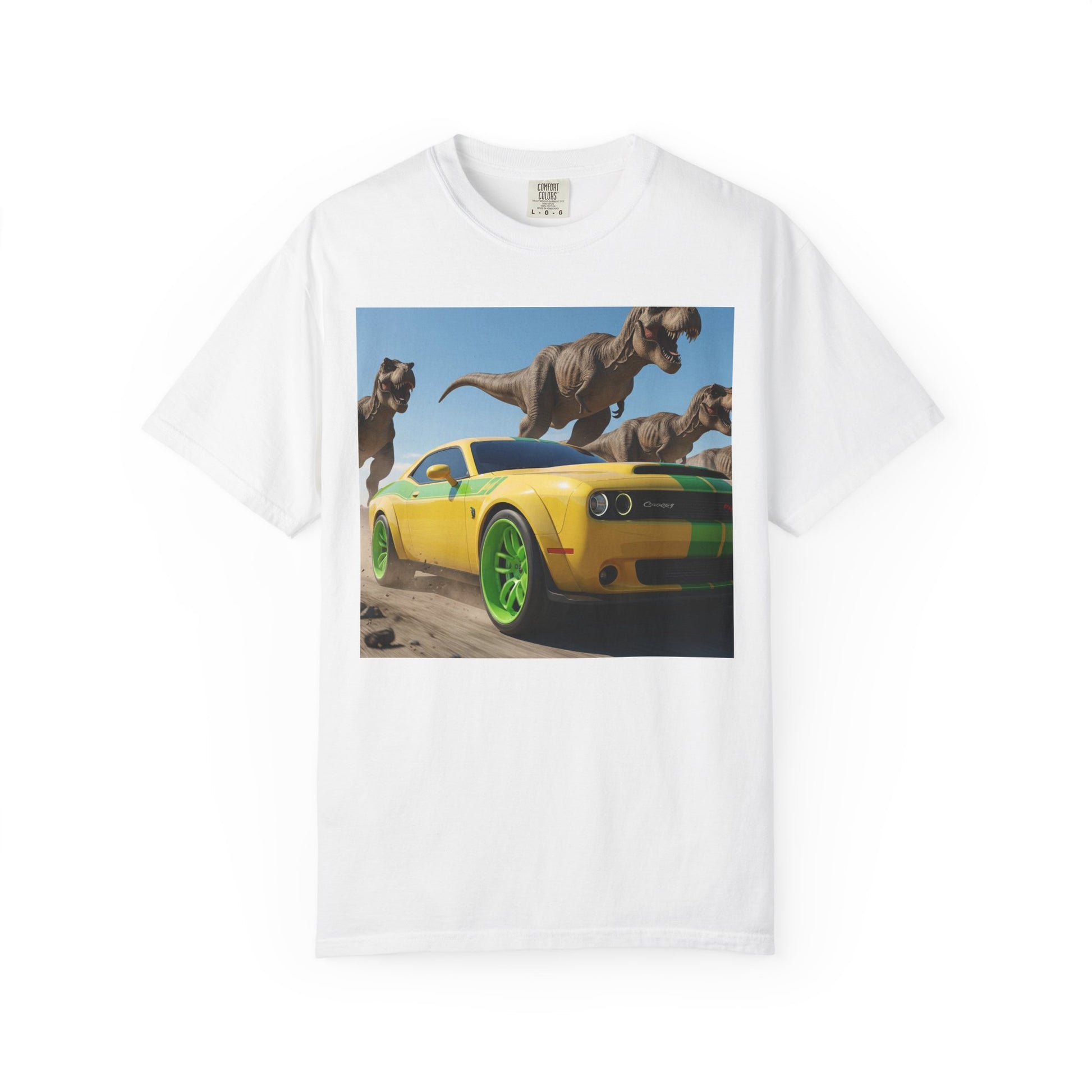Dinosaur Car Adventure T-Shirt, Fun Graphic Tee, Unisex Casual Shirt, Gift for Car Lovers, Dino Theme Shirt, Summer Wardrobe Essential