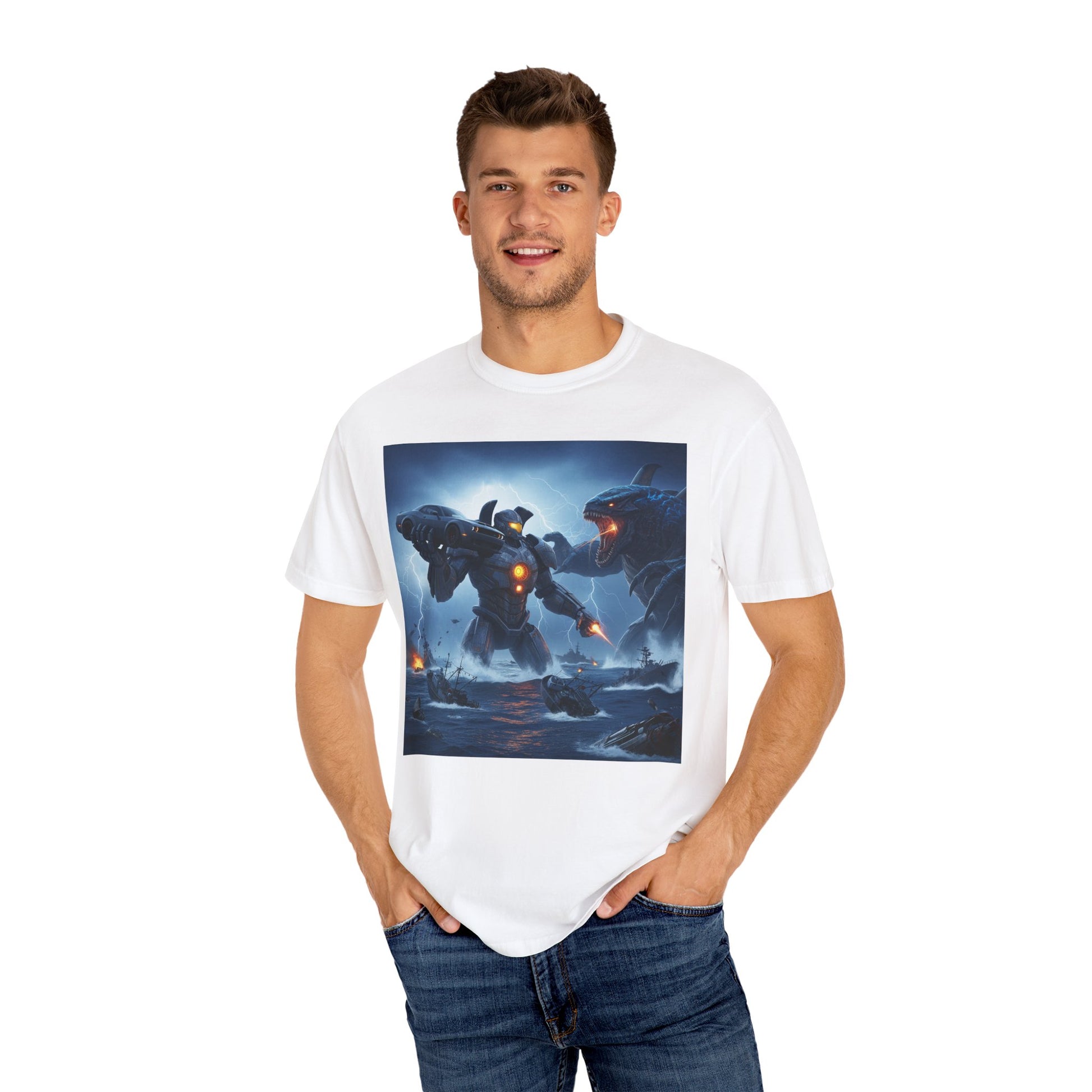 Epic Robot Battle Unisex T-shirt | Sci-Fi Art Tee, Gift for Gamers, Unique Vintage Vibe, Casual Everyday Wear, Perfect for Conventions