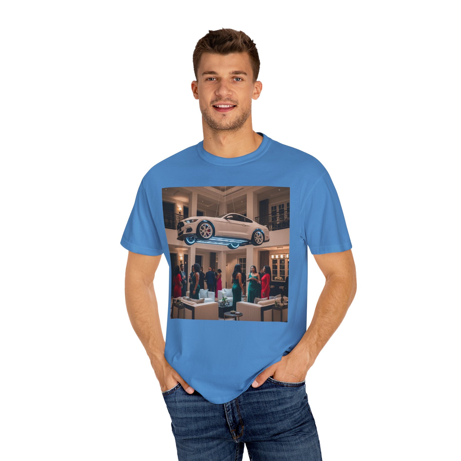 Floating Car T-shirt, Unisex Garment-Dyed Tee, Unique Graphic Tee, Casual Wear for Car Lovers, Trendy Streetwear