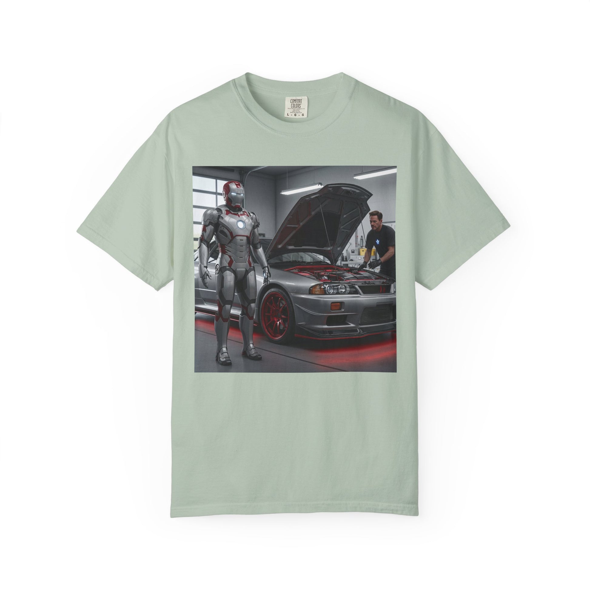 Iron Hero Garage Unisex T-Shirt, Car Lovers Gift, Automotive Fan Tee, Geek Chic Apparel, Perfect for Birthdays, Father's Day