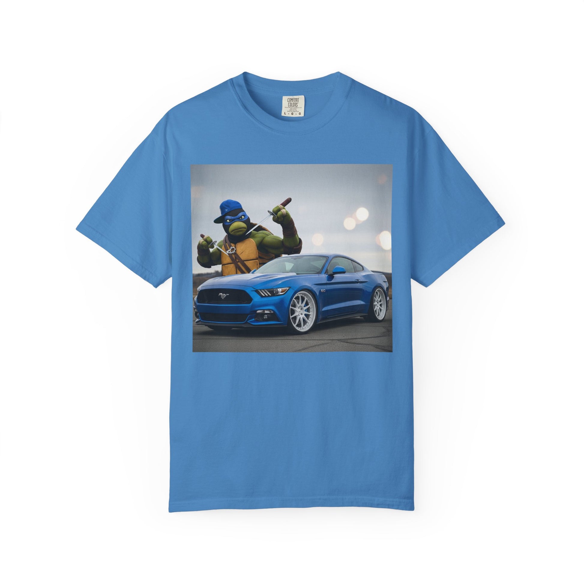 Cool Graphic Tee with Cartoon Character and Mustang Car, Fun Gift for Teenagers, Car Lovers, and Gamers, Great for Birthdays, Casual Wear
