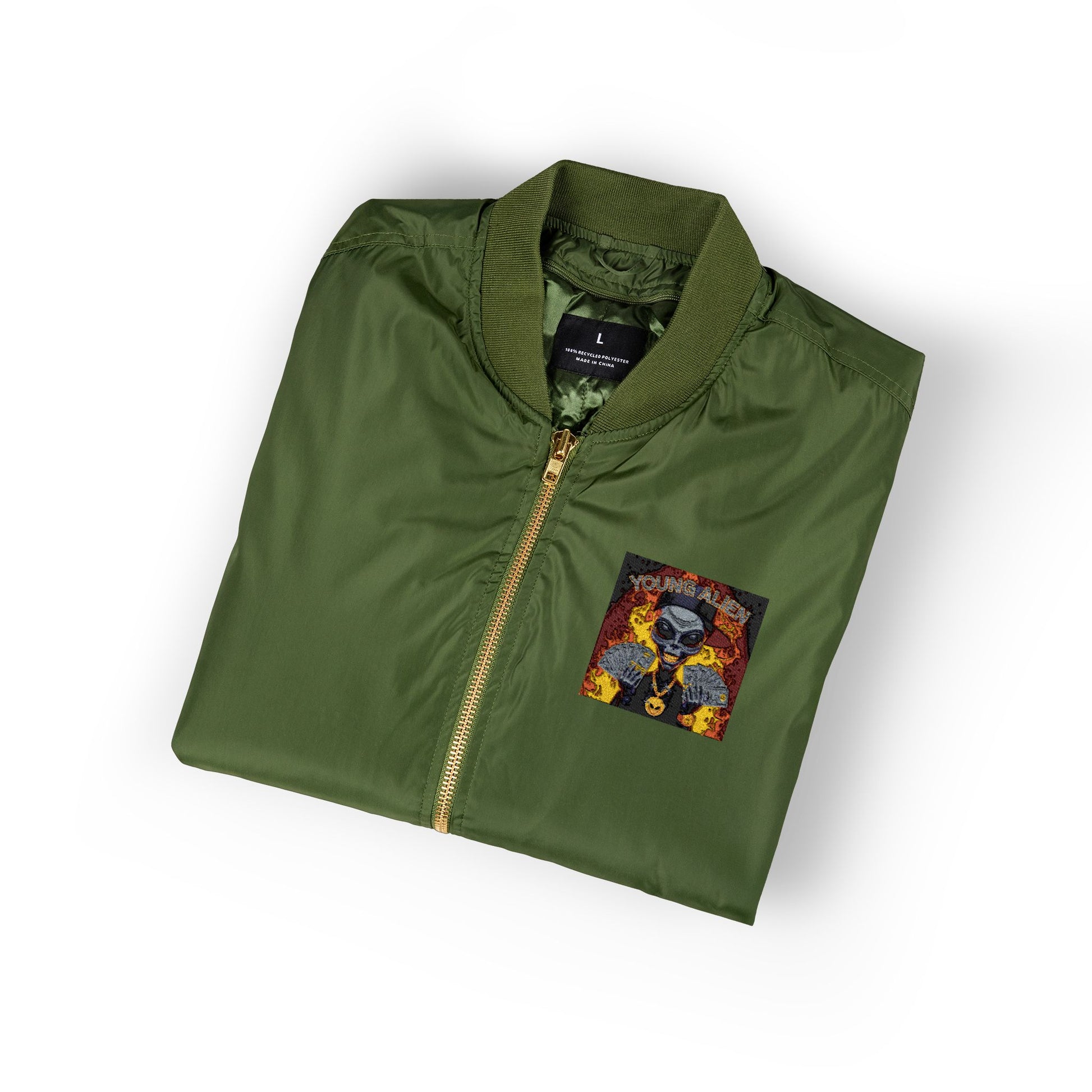 Eco-Friendly Embroidered Bomber Jacket, Stylish Outerwear, Streetwear Fashion, Unique Gift for Him, Recycled Material Jacket