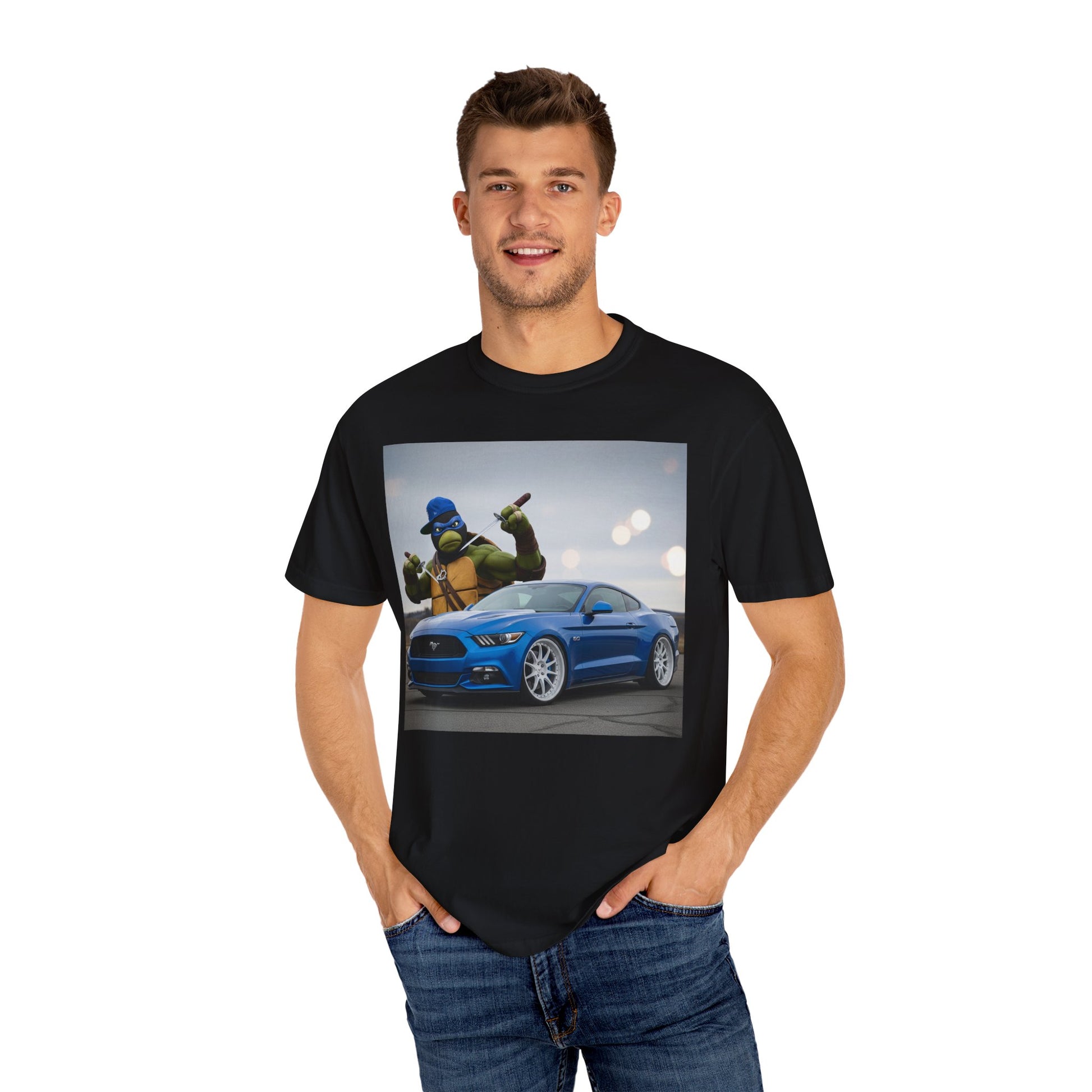 Cool Graphic Tee with Cartoon Character and Mustang Car, Fun Gift for Teenagers, Car Lovers, and Gamers, Great for Birthdays, Casual Wear