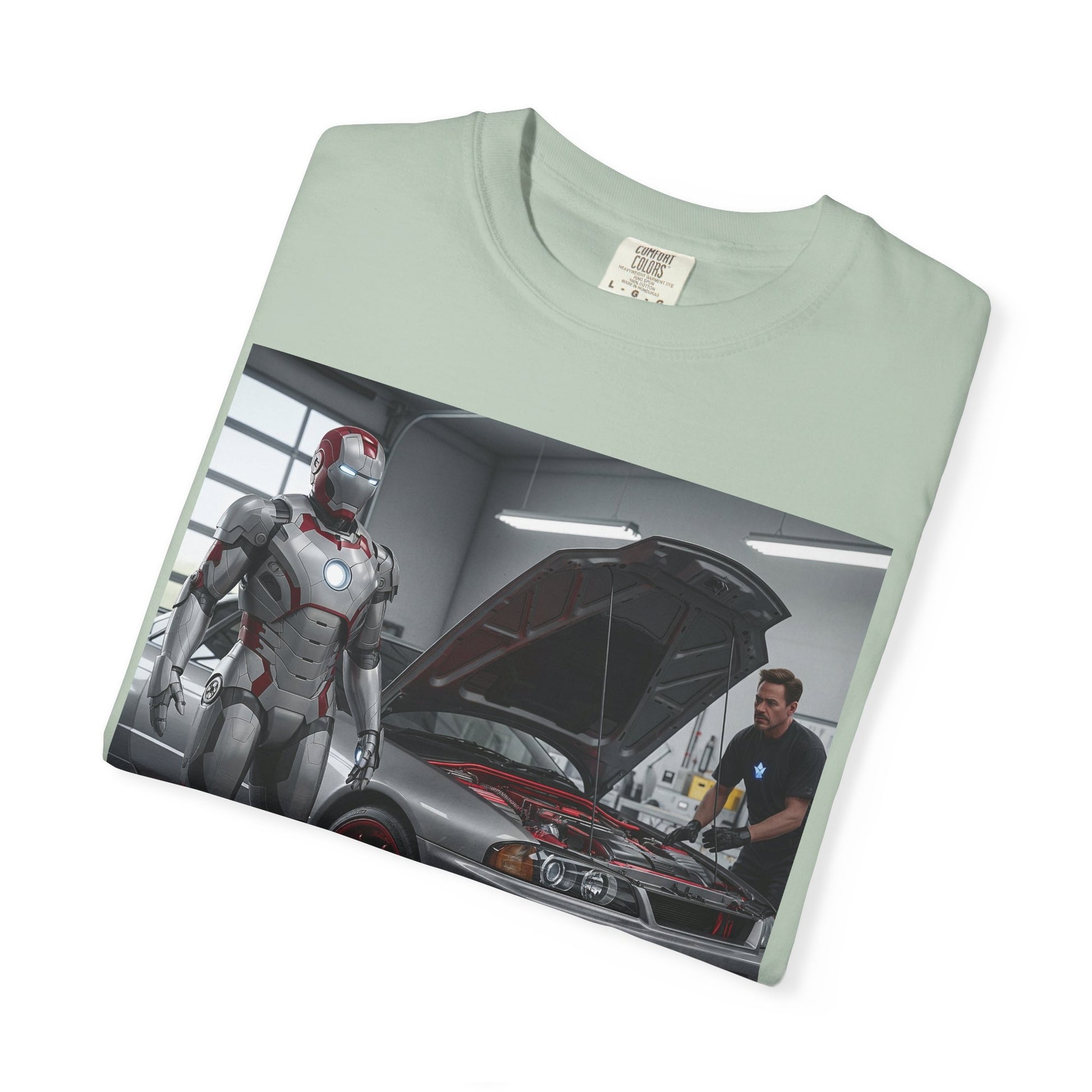 Iron Hero Garage Unisex T-Shirt, Car Lovers Gift, Automotive Fan Tee, Geek Chic Apparel, Perfect for Birthdays, Father's Day