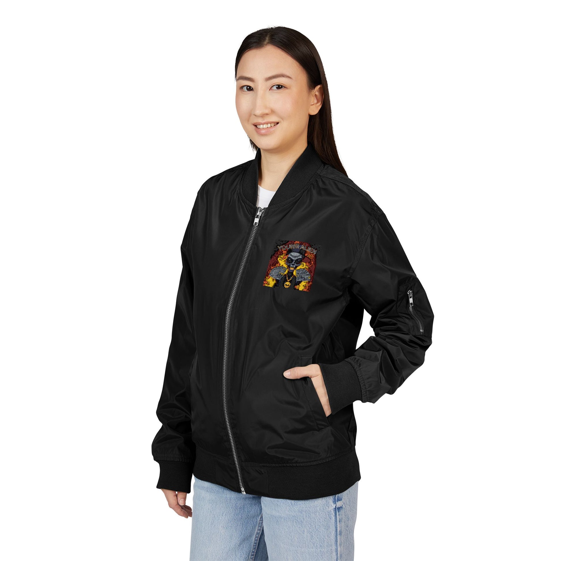 Eco-Friendly Embroidered Bomber Jacket, Stylish Outerwear, Streetwear Fashion, Unique Gift for Him, Recycled Material Jacket