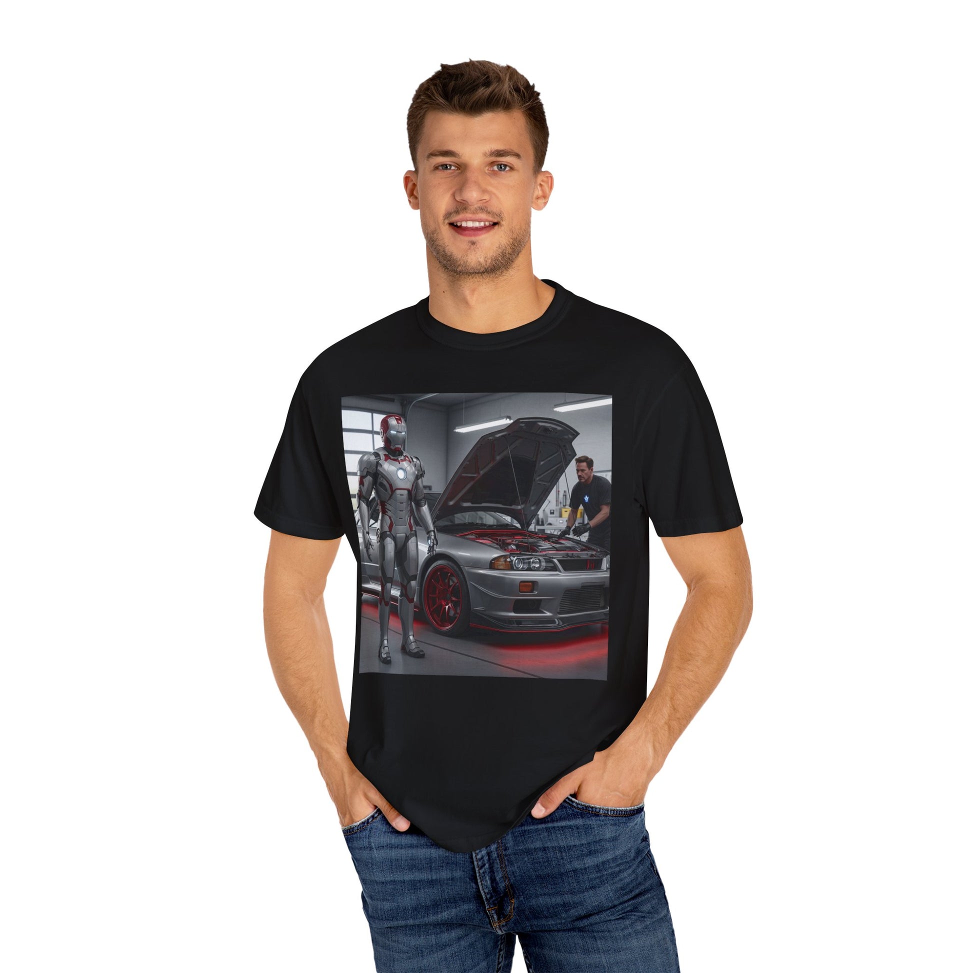 Iron Hero Garage Unisex T-Shirt, Car Lovers Gift, Automotive Fan Tee, Geek Chic Apparel, Perfect for Birthdays, Father's Day