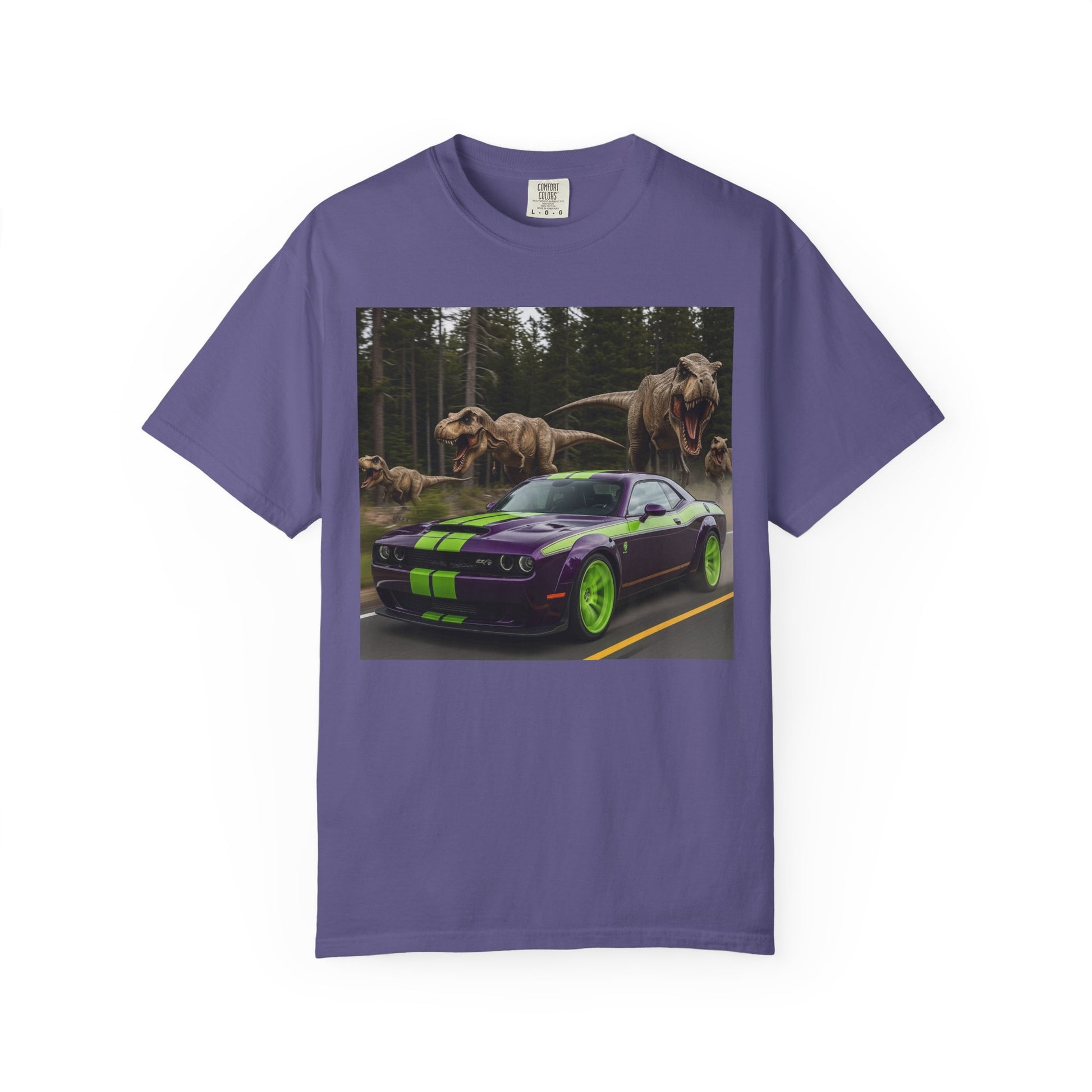 Dinosaur Race T-Shirt, Unisex Garment-Dyed Tee for Car Lovers, Dinosaur Lovers Gift, Fun Graphic Tee, Casual Wear, Gift for Him/Her