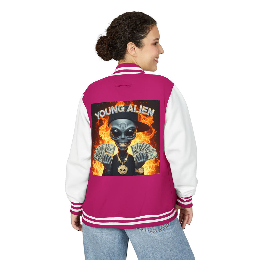 Youthful Alien Vibes Letterman Jacket, Retro Style Unisex Jacket, Trendy Outerwear, Casual Streetwear, Unique Gift for Teenagers