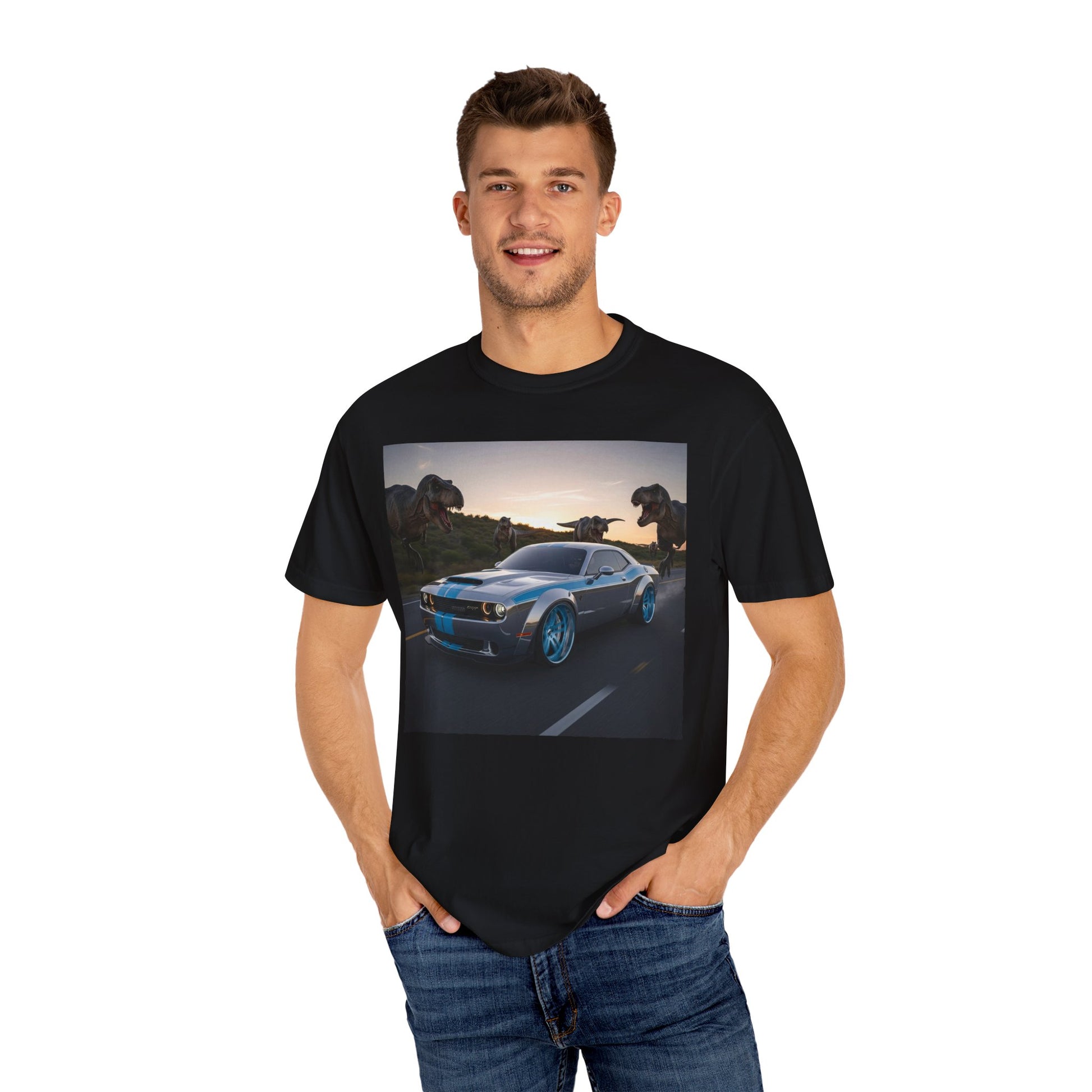 Dino Chase Unisex T-Shirt, Gift for Car Lovers, Jurassic Theme Tee, Adventure Shirt for Boys, Fun Gift for Teens