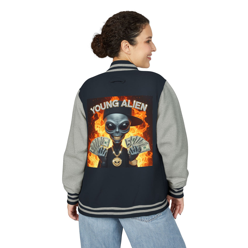 Youthful Alien Vibes Letterman Jacket, Retro Style Unisex Jacket, Trendy Outerwear, Casual Streetwear, Unique Gift for Teenagers