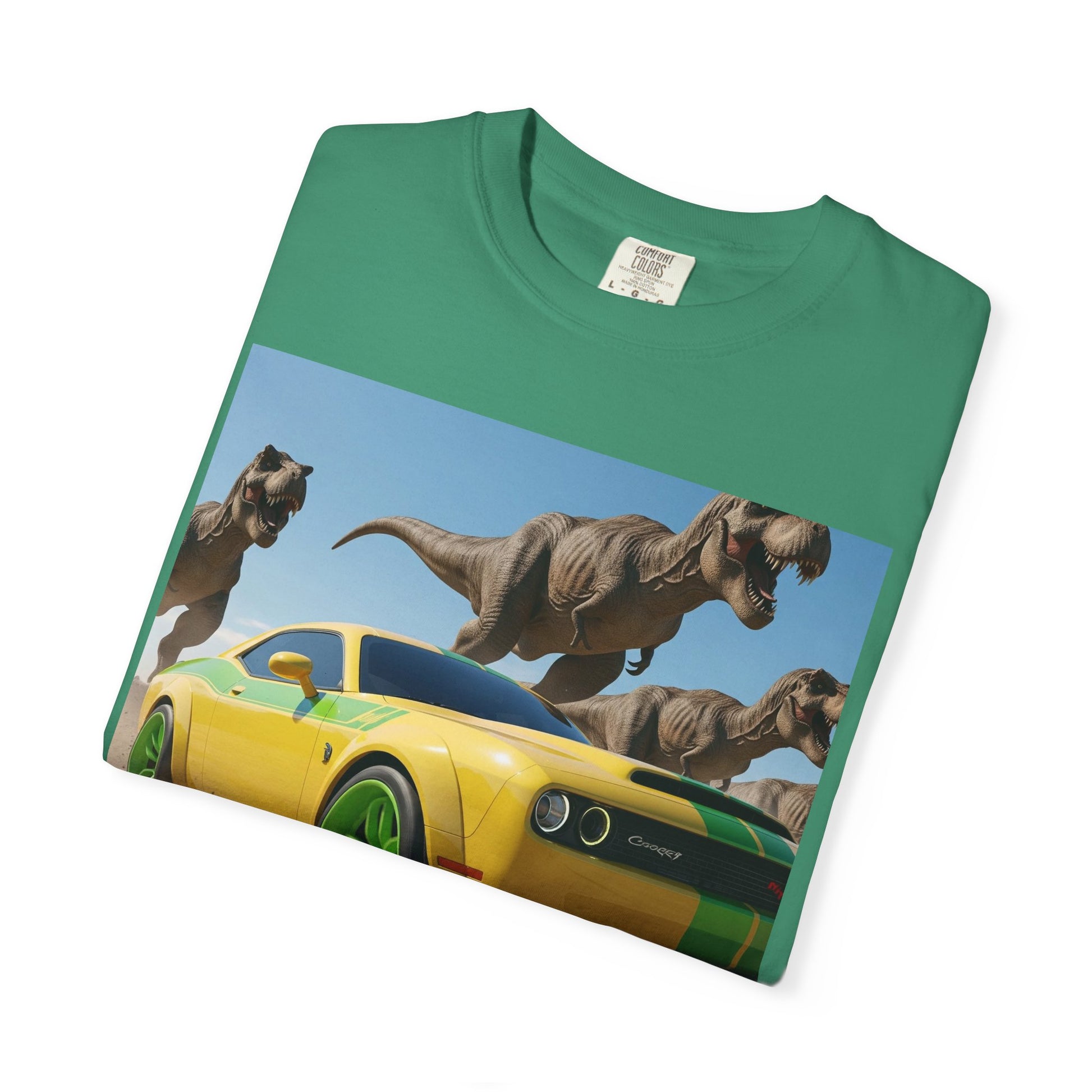 Dinosaur Car Adventure T-Shirt, Fun Graphic Tee, Unisex Casual Shirt, Gift for Car Lovers, Dino Theme Shirt, Summer Wardrobe Essential