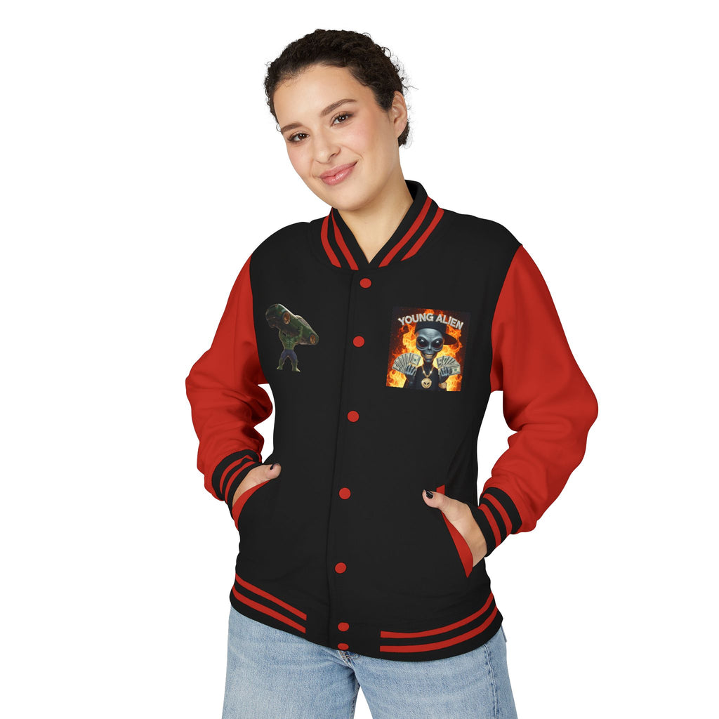 Youthful Alien Vibes Letterman Jacket, Retro Style Unisex Jacket, Trendy Outerwear, Casual Streetwear, Unique Gift for Teenagers