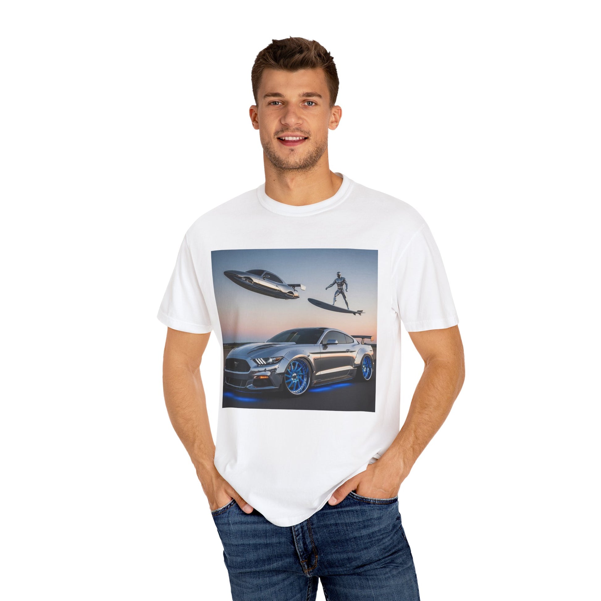 Sleek Car & Surfing T-Shirt, Cool Graphic Tee, Unisex Vintage T-Shirt, Automotive Lover Gift, Summer Fun Shirt