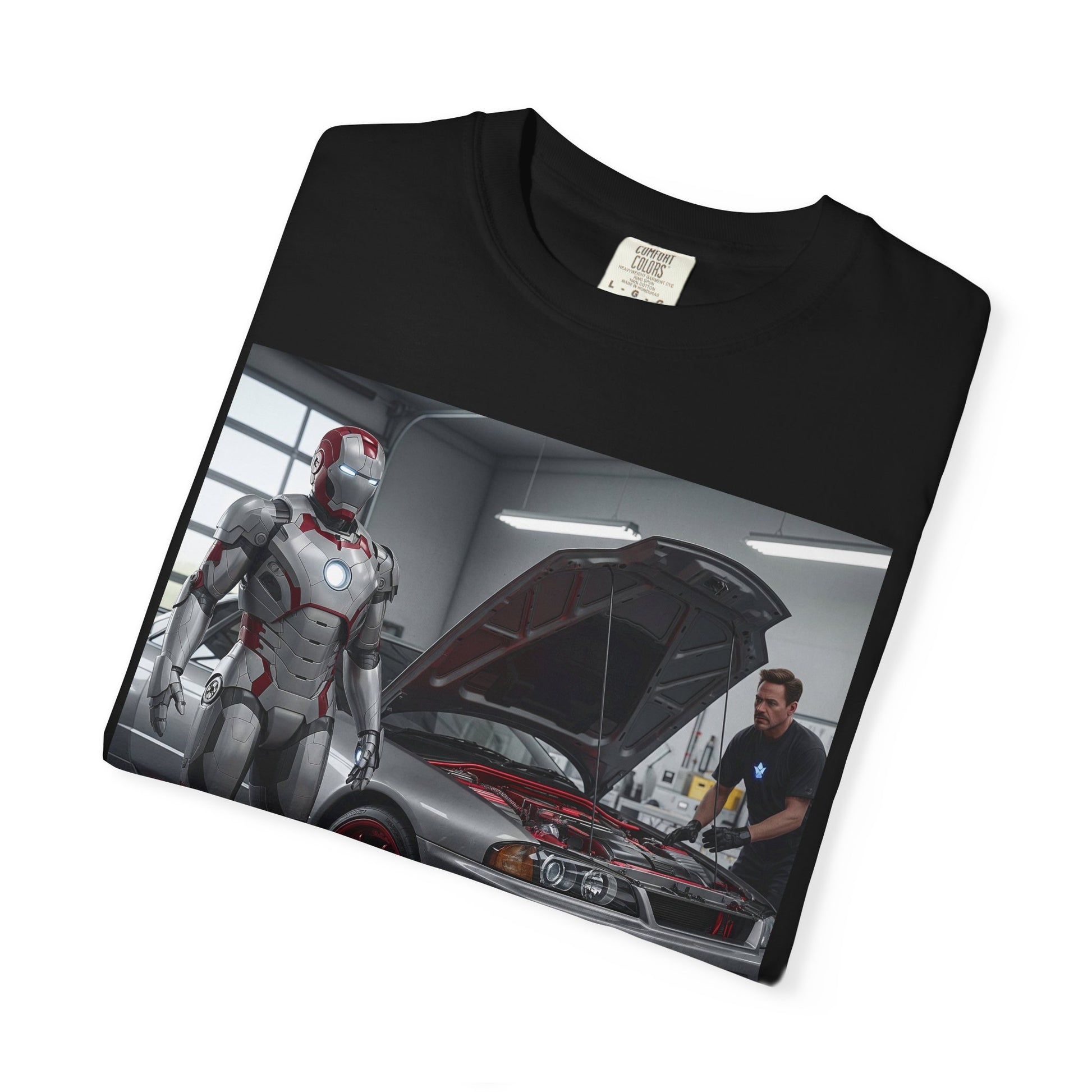 Iron Hero Garage Unisex T-Shirt, Car Lovers Gift, Automotive Fan Tee, Geek Chic Apparel, Perfect for Birthdays, Father's Day