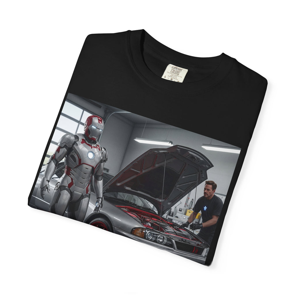 Iron Hero Garage Unisex T-Shirt, Car Lovers Gift, Automotive Fan Tee, Geek Chic Apparel, Perfect for Birthdays, Father's Day