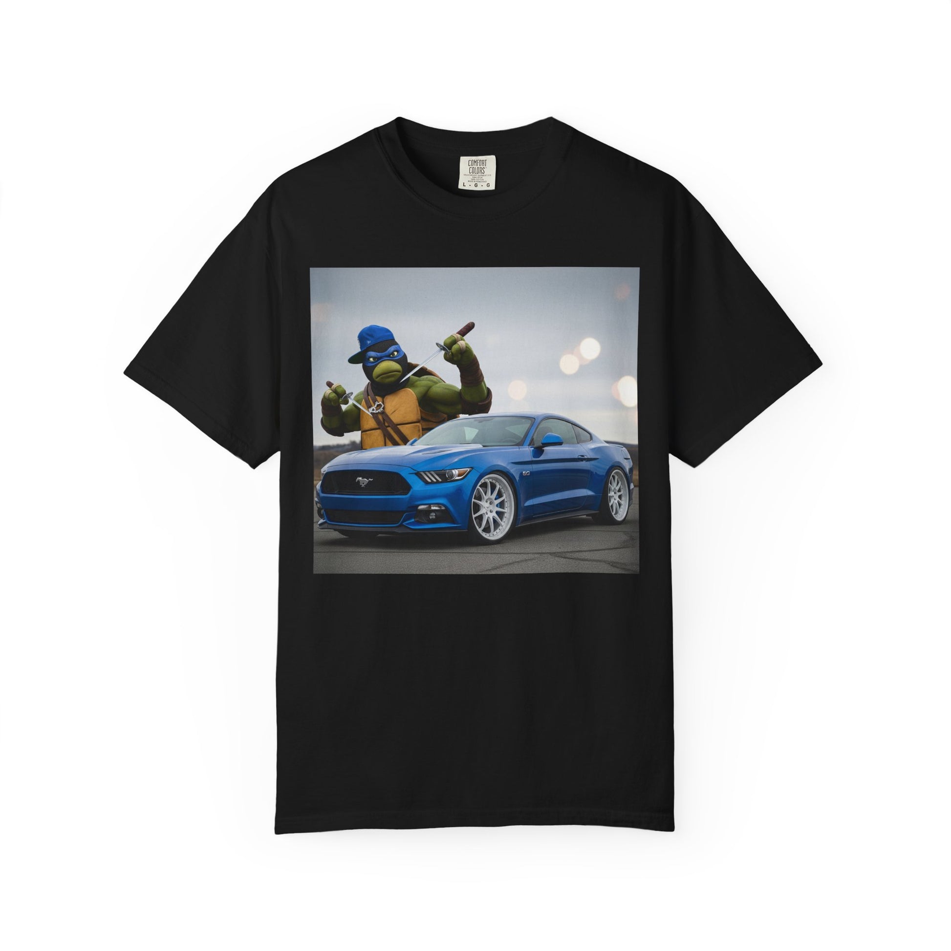 Cool Graphic Tee with Cartoon Character and Mustang Car, Fun Gift for Teenagers, Car Lovers, and Gamers, Great for Birthdays, Casual Wear