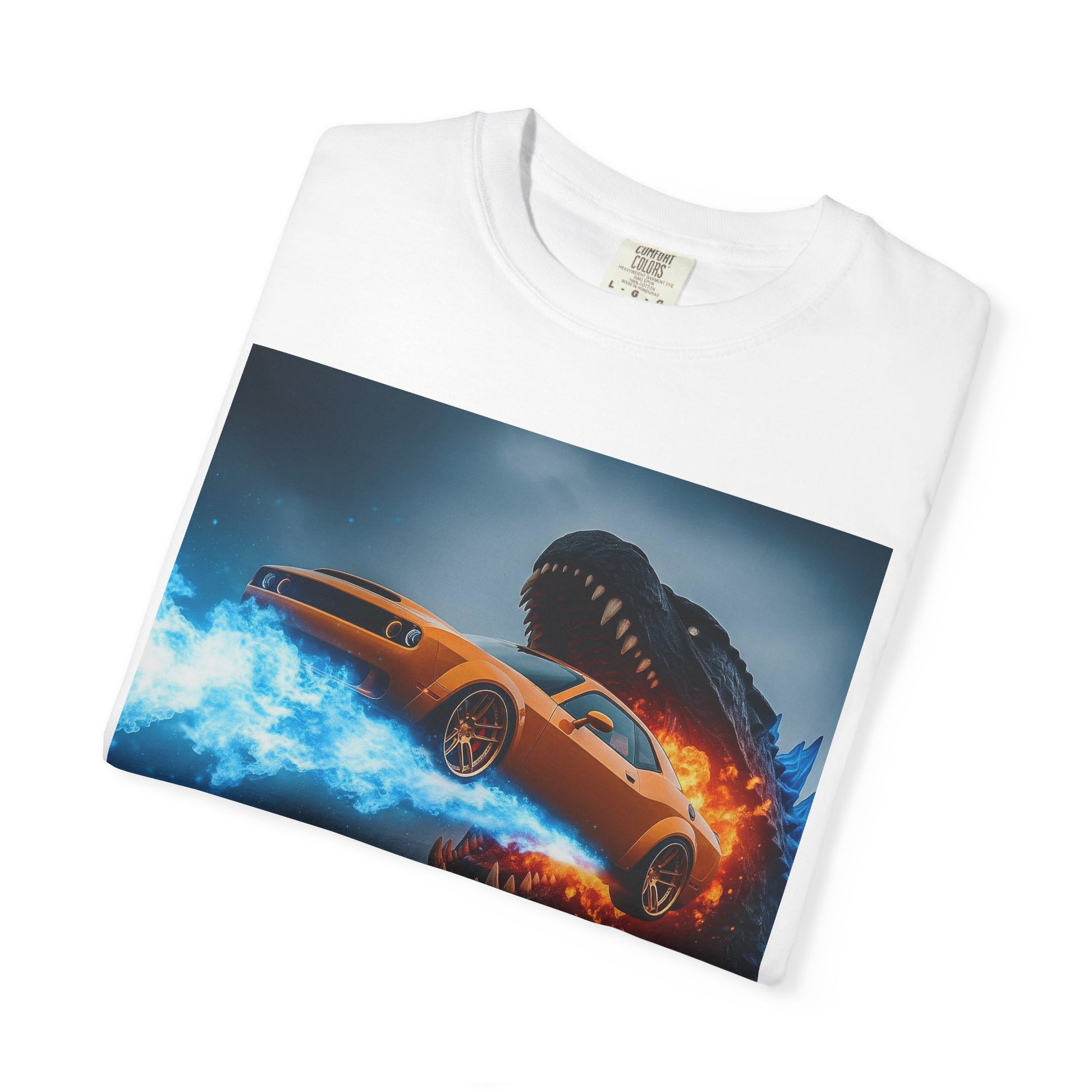 Epic Dinosaur Car Chase Unisex T-Shirt, Casual Tee, Unique Gift, Movie Fan Shirt, Birthday Present, Fun Graphic Tee