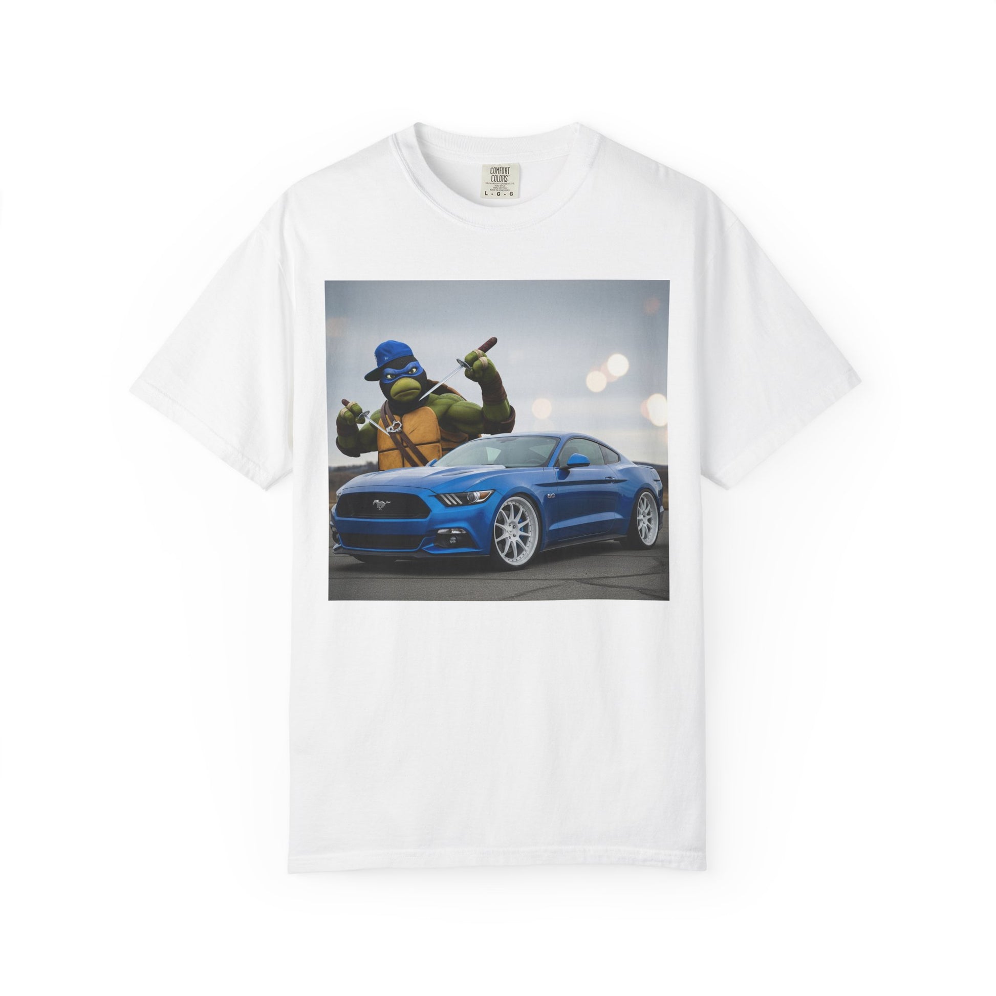 Cool Graphic Tee with Cartoon Character and Mustang Car, Fun Gift for Teenagers, Car Lovers, and Gamers, Great for Birthdays, Casual Wear