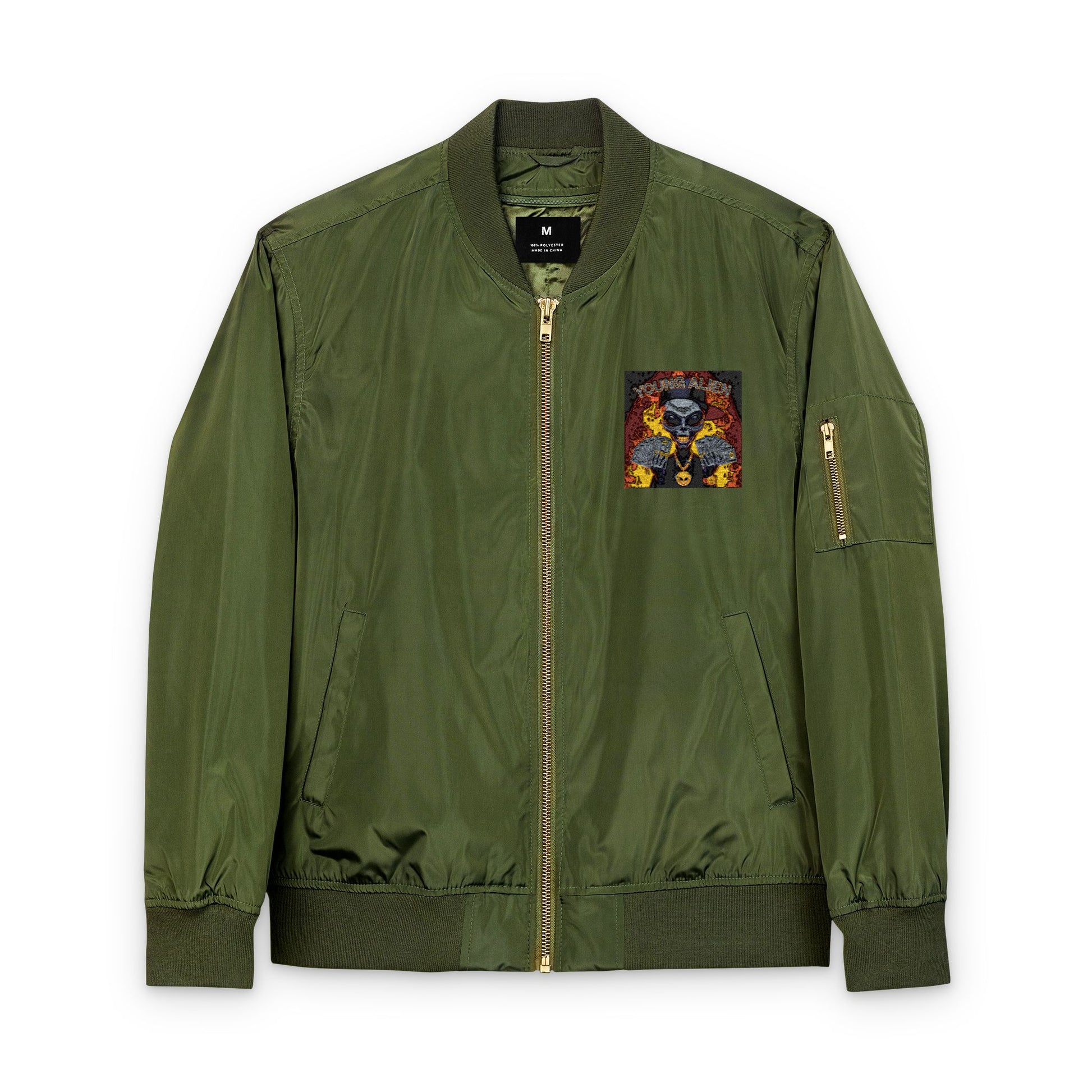 Eco-Friendly Embroidered Bomber Jacket, Stylish Outerwear, Streetwear Fashion, Unique Gift for Him, Recycled Material Jacket