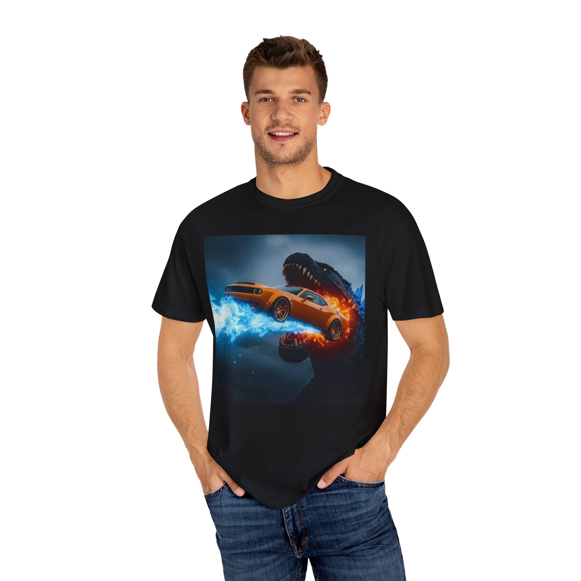 Epic Dinosaur Car Chase Unisex T-Shirt, Casual Tee, Unique Gift, Movie Fan Shirt, Birthday Present, Fun Graphic Tee
