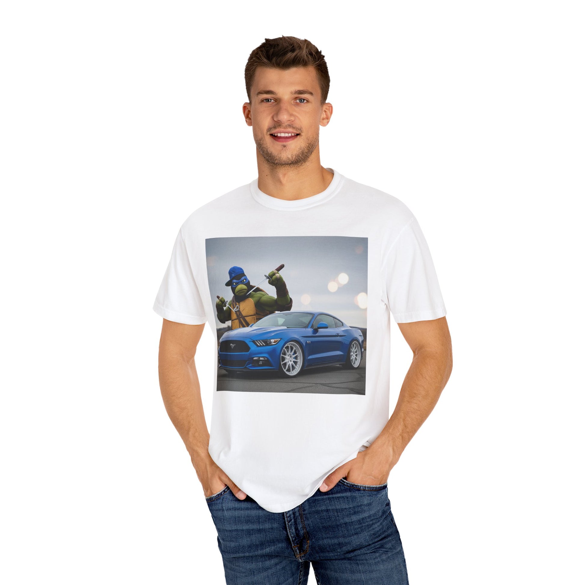 Cool Graphic Tee with Cartoon Character and Mustang Car, Fun Gift for Teenagers, Car Lovers, and Gamers, Great for Birthdays, Casual Wear