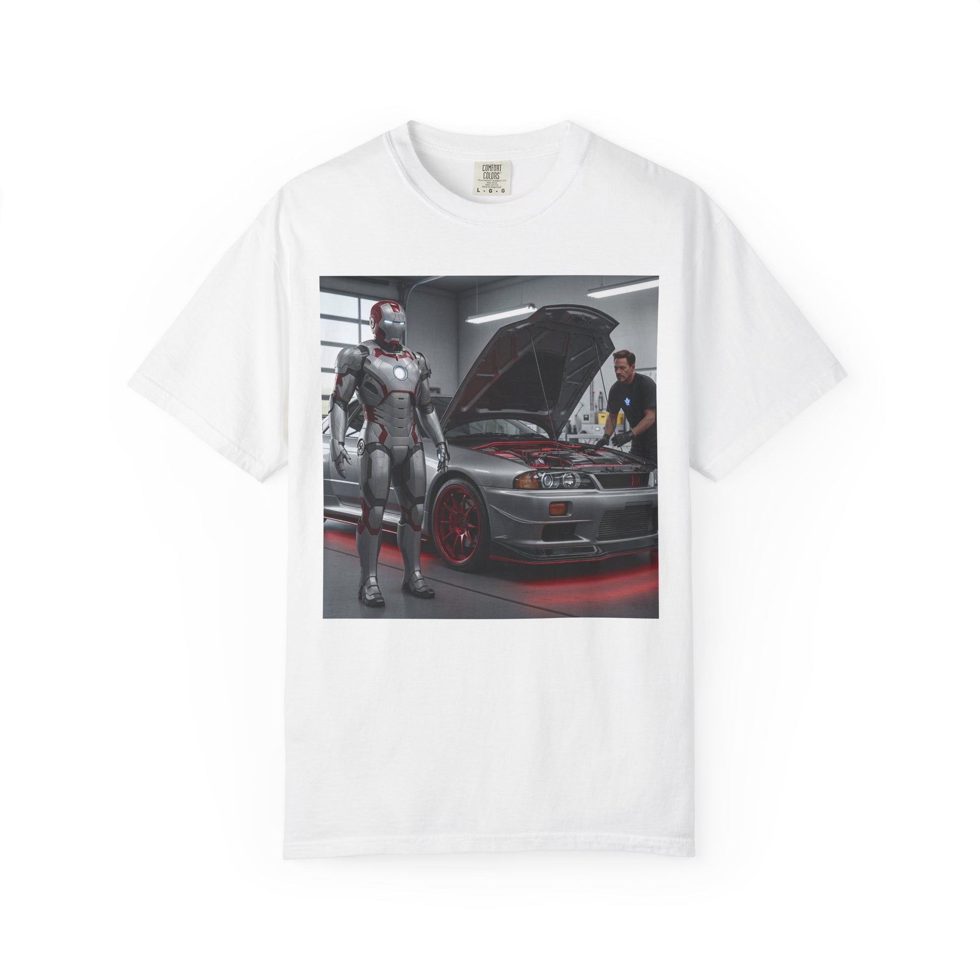 Iron Hero Garage Unisex T-Shirt, Car Lovers Gift, Automotive Fan Tee, Geek Chic Apparel, Perfect for Birthdays, Father's Day