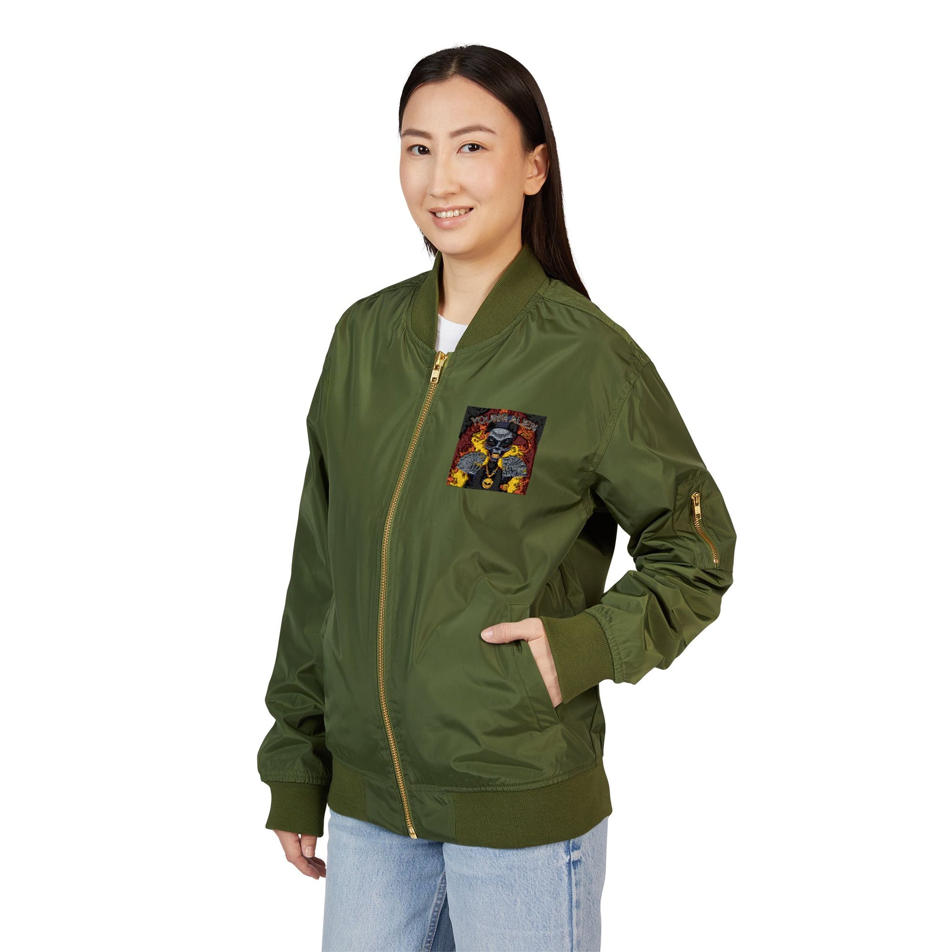 Eco-Friendly Embroidered Bomber Jacket, Stylish Outerwear, Streetwear Fashion, Unique Gift for Him, Recycled Material Jacket