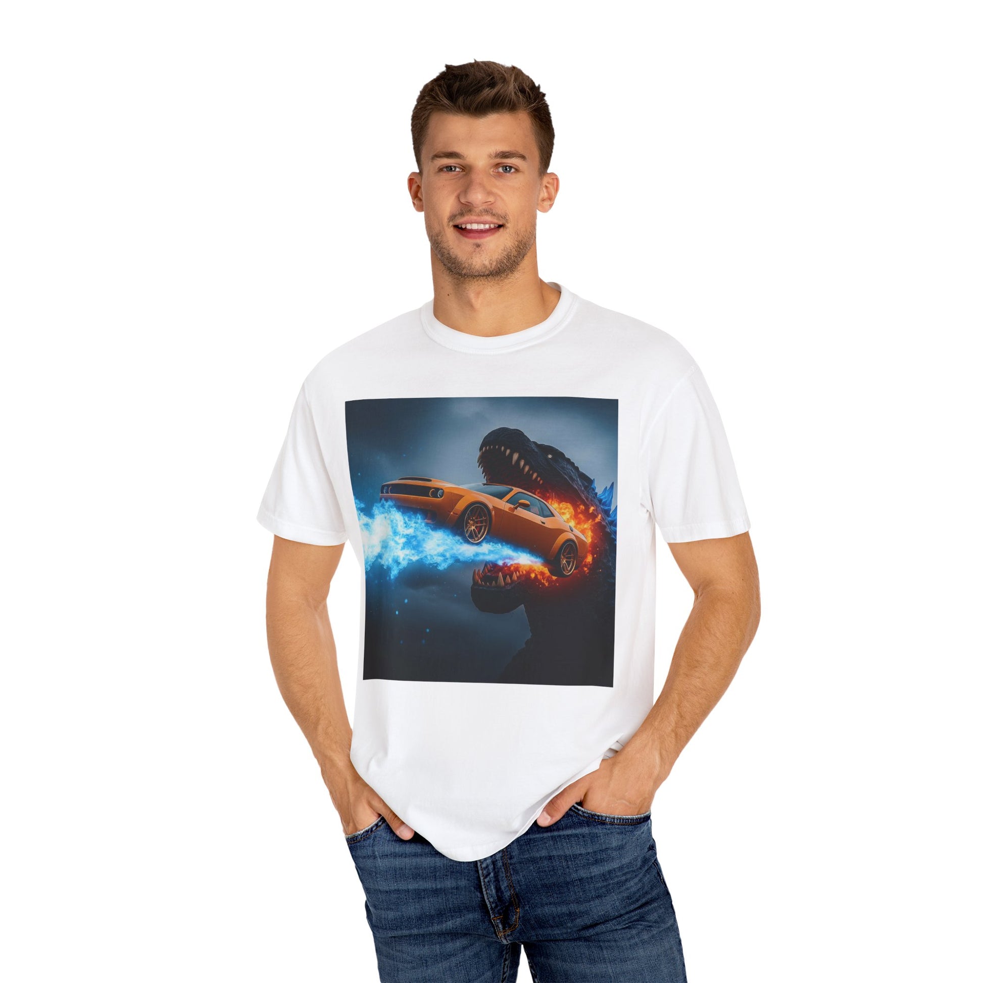 Epic Dinosaur Car Chase Unisex T-Shirt, Casual Tee, Unique Gift, Movie Fan Shirt, Birthday Present, Fun Graphic Tee
