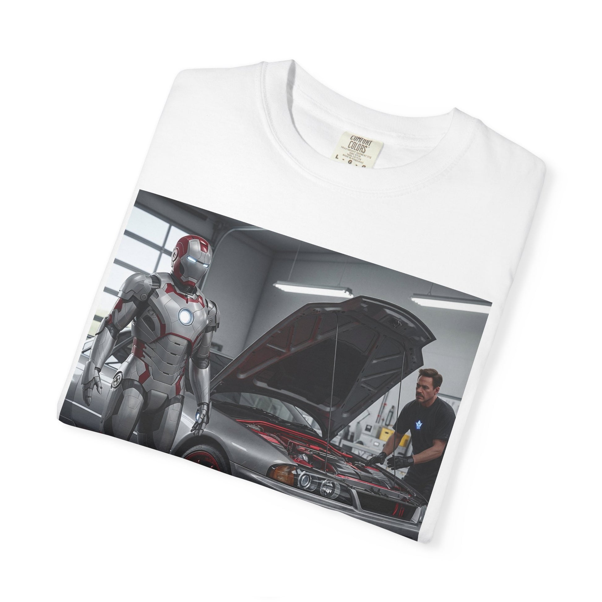 Iron Hero Garage Unisex T-Shirt, Car Lovers Gift, Automotive Fan Tee, Geek Chic Apparel, Perfect for Birthdays, Father's Day