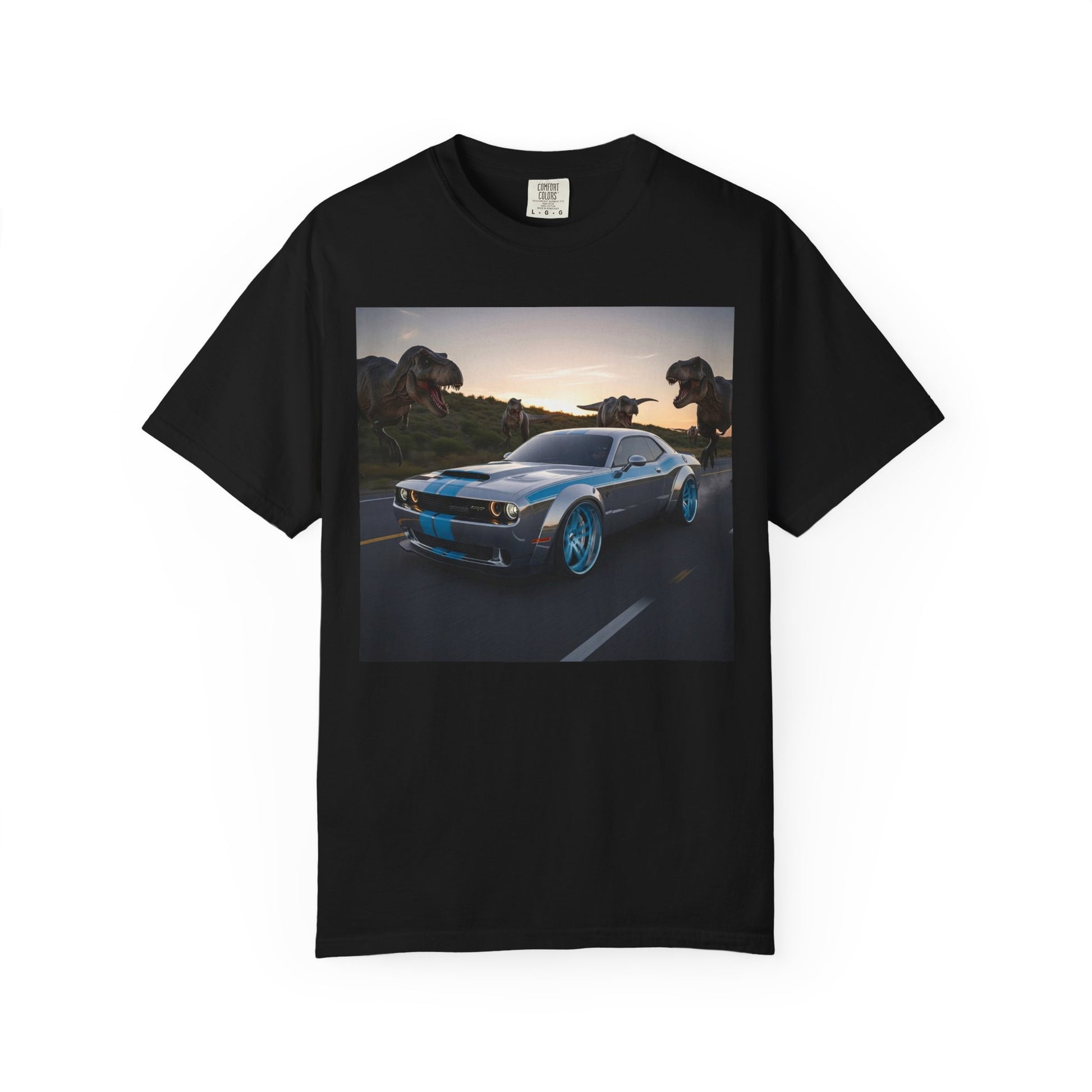 Dino Chase Unisex T-Shirt, Gift for Car Lovers, Jurassic Theme Tee, Adventure Shirt for Boys, Fun Gift for Teens