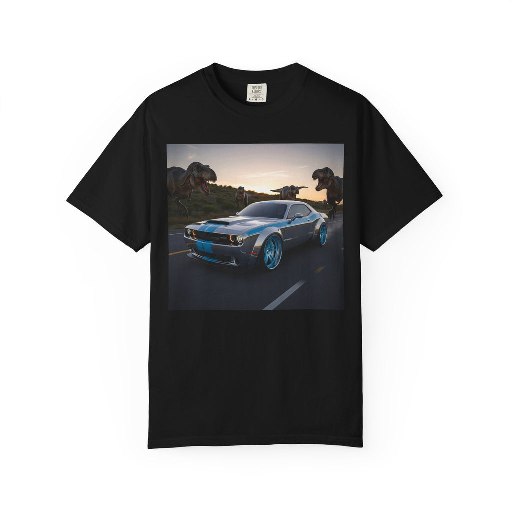 Dino Chase Unisex T-Shirt, Gift for Car Lovers, Jurassic Theme Tee, Adventure Shirt for Boys, Fun Gift for Teens