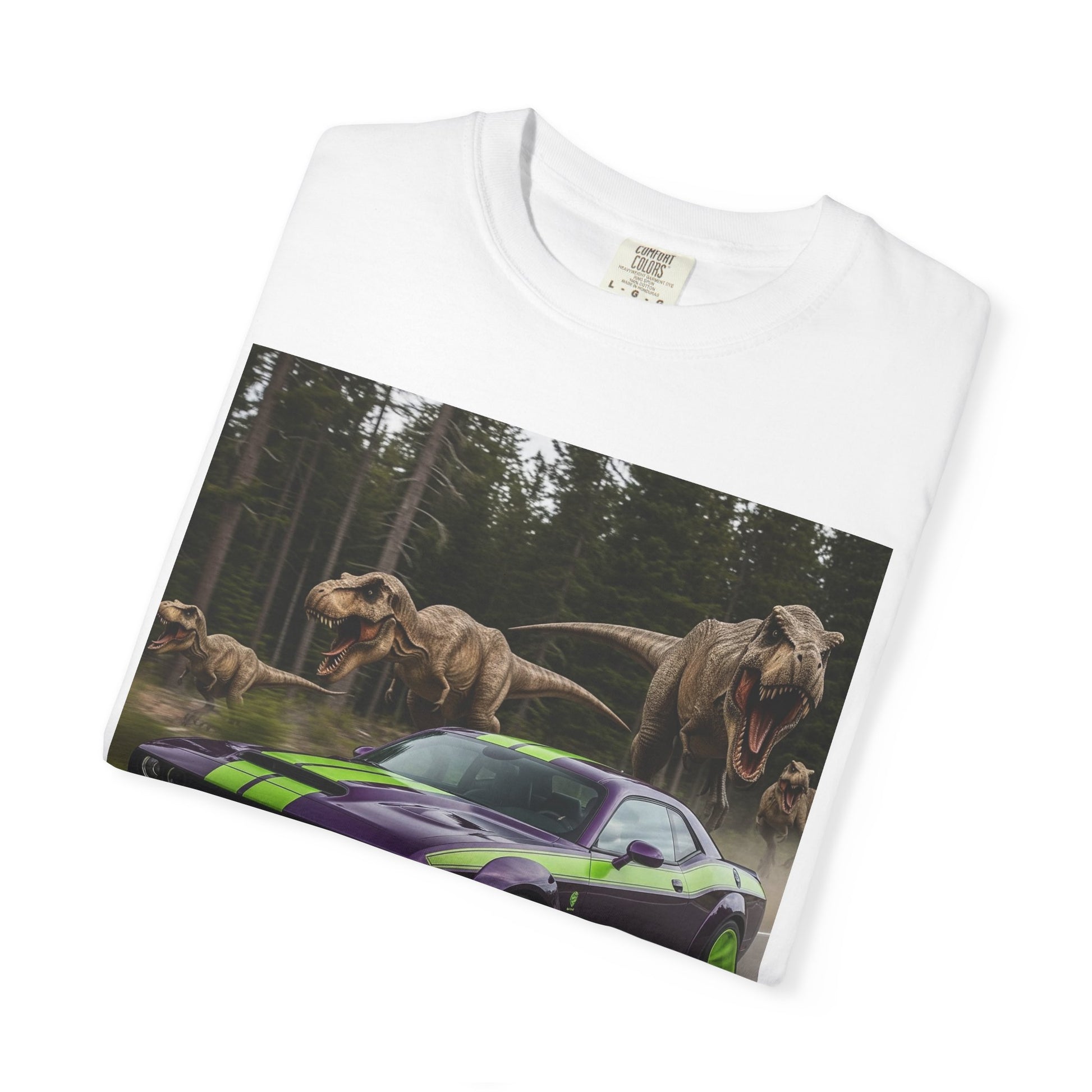 Dinosaur Race T-Shirt, Unisex Garment-Dyed Tee for Car Lovers, Dinosaur Lovers Gift, Fun Graphic Tee, Casual Wear, Gift for Him/Her