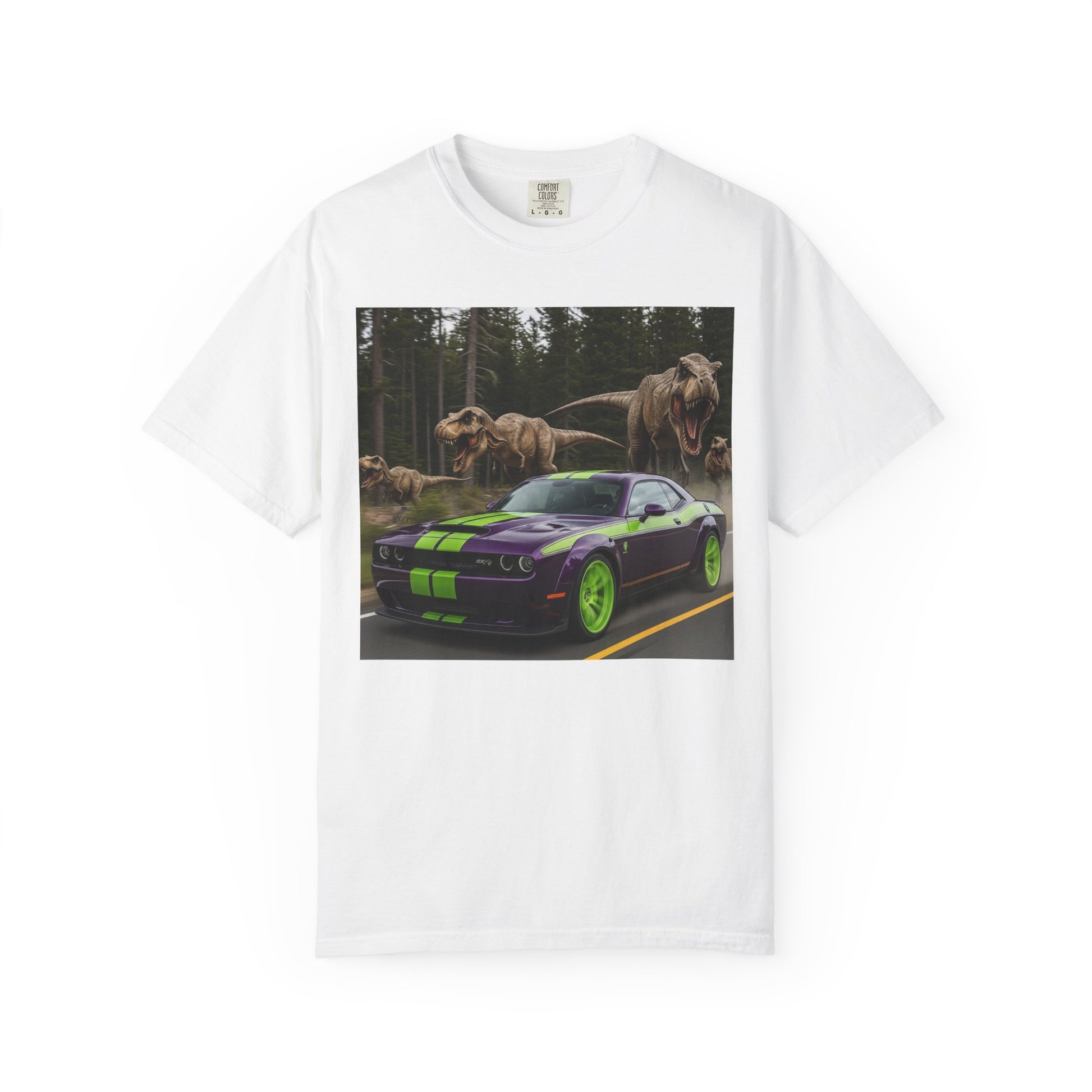 Dinosaur Race T-Shirt, Unisex Garment-Dyed Tee for Car Lovers, Dinosaur Lovers Gift, Fun Graphic Tee, Casual Wear, Gift for Him/Her
