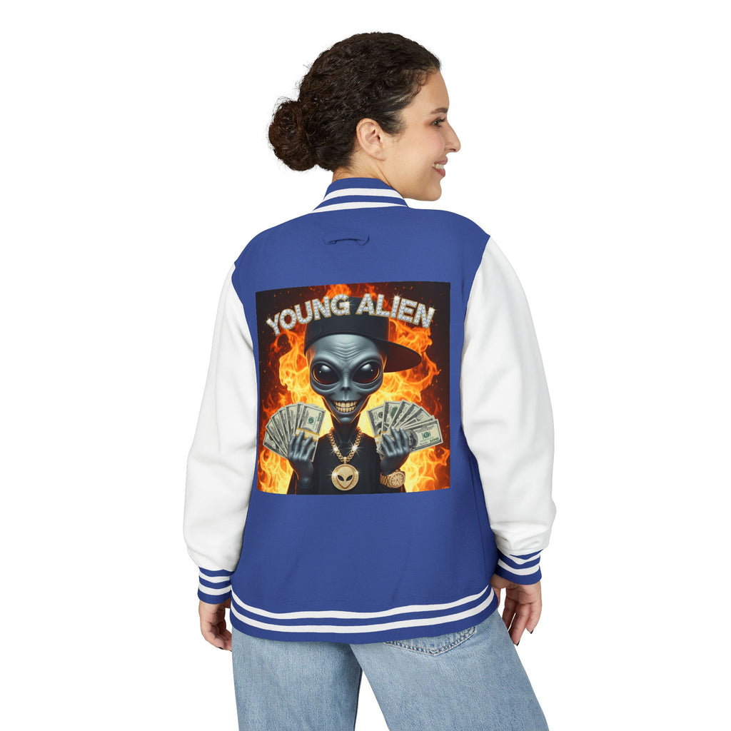 Youthful Alien Vibes Letterman Jacket, Retro Style Unisex Jacket, Trendy Outerwear, Casual Streetwear, Unique Gift for Teenagers