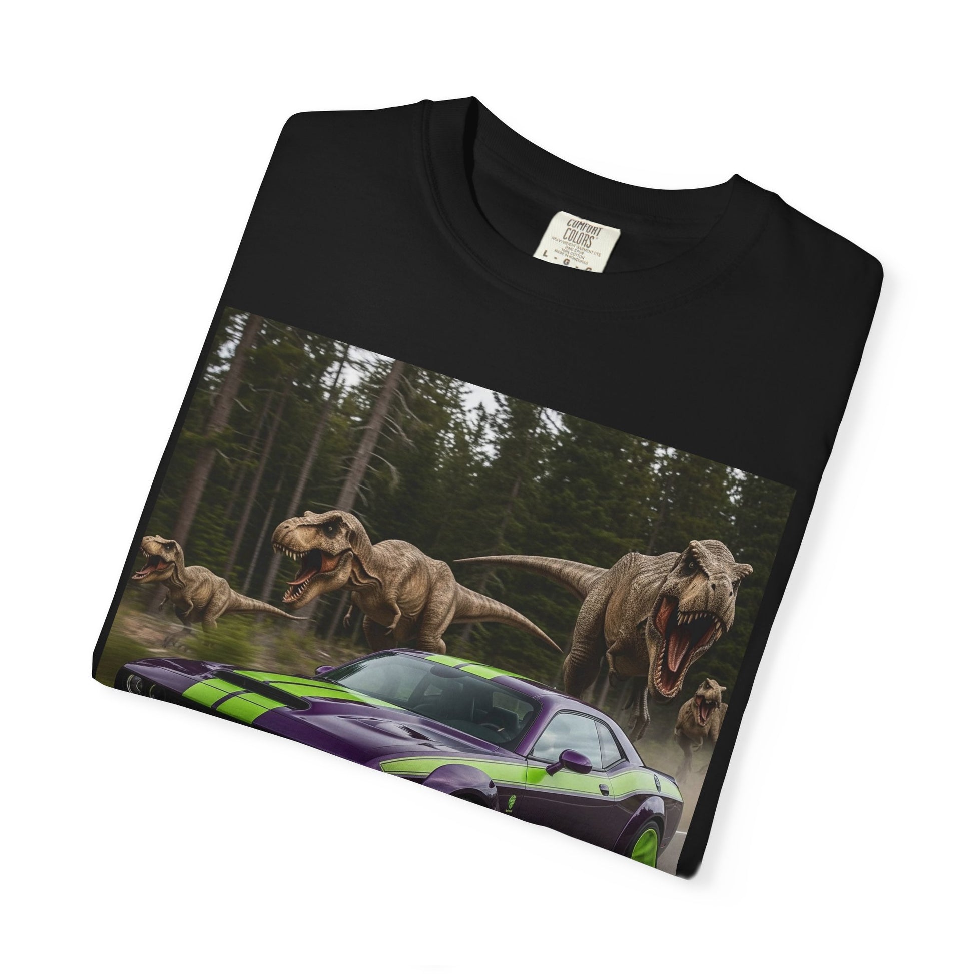 Dinosaur Race T-Shirt, Unisex Garment-Dyed Tee for Car Lovers, Dinosaur Lovers Gift, Fun Graphic Tee, Casual Wear, Gift for Him/Her