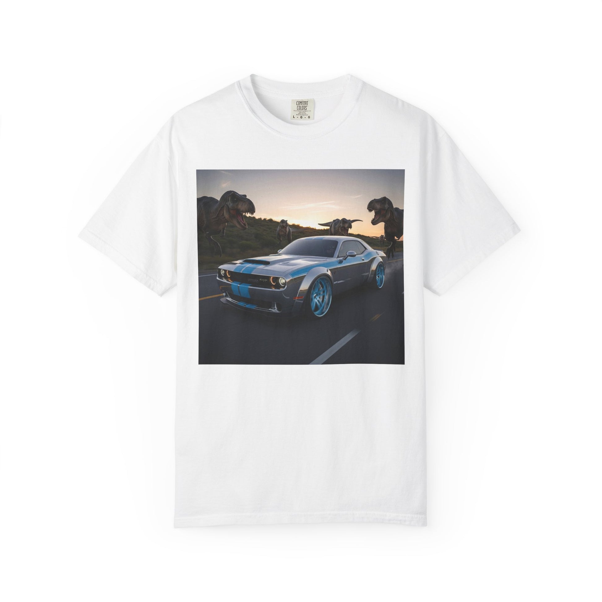 Dino Chase Unisex T-Shirt, Gift for Car Lovers, Jurassic Theme Tee, Adventure Shirt for Boys, Fun Gift for Teens