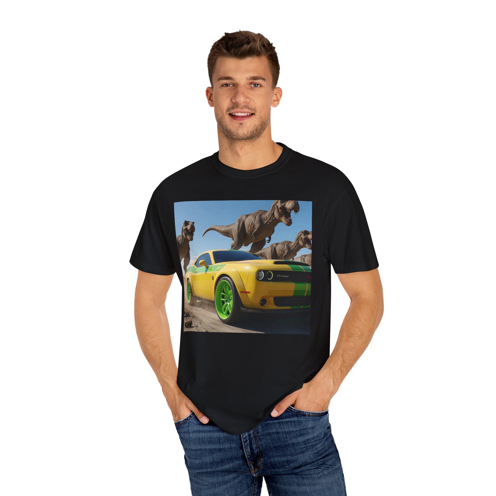 Dinosaur Car Adventure T-Shirt, Fun Graphic Tee, Unisex Casual Shirt, Gift for Car Lovers, Dino Theme Shirt, Summer Wardrobe Essential