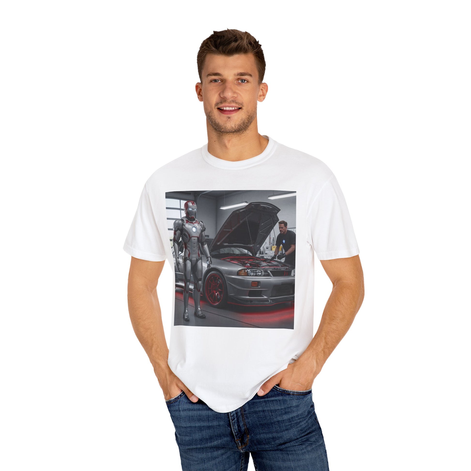 Iron Hero Garage Unisex T-Shirt, Car Lovers Gift, Automotive Fan Tee, Geek Chic Apparel, Perfect for Birthdays, Father's Day